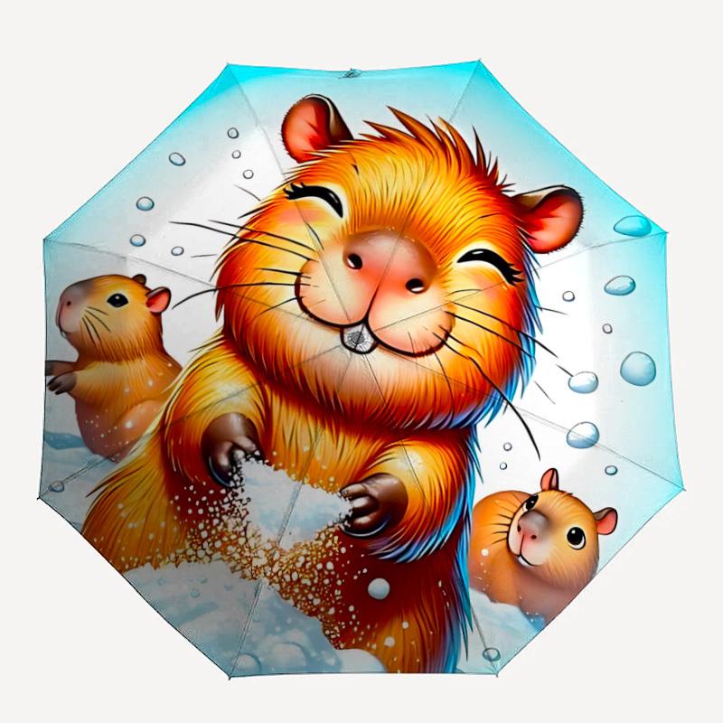

1pc Capybara Snowball Auto-Fold Umbrella with One-Touch Open/Close - 8 Reinforced Ribs for Windproof Stability, yy251118206
