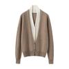 Autumn-Winter Women's V-neck Color Block Cashmere Cardigan - Elegant Two-Piece Knit Sweater