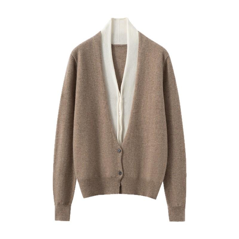 Autumn-Winter Women's V-neck Color Block Cashmere Cardigan - Elegant Two-Piece Knit Sweater