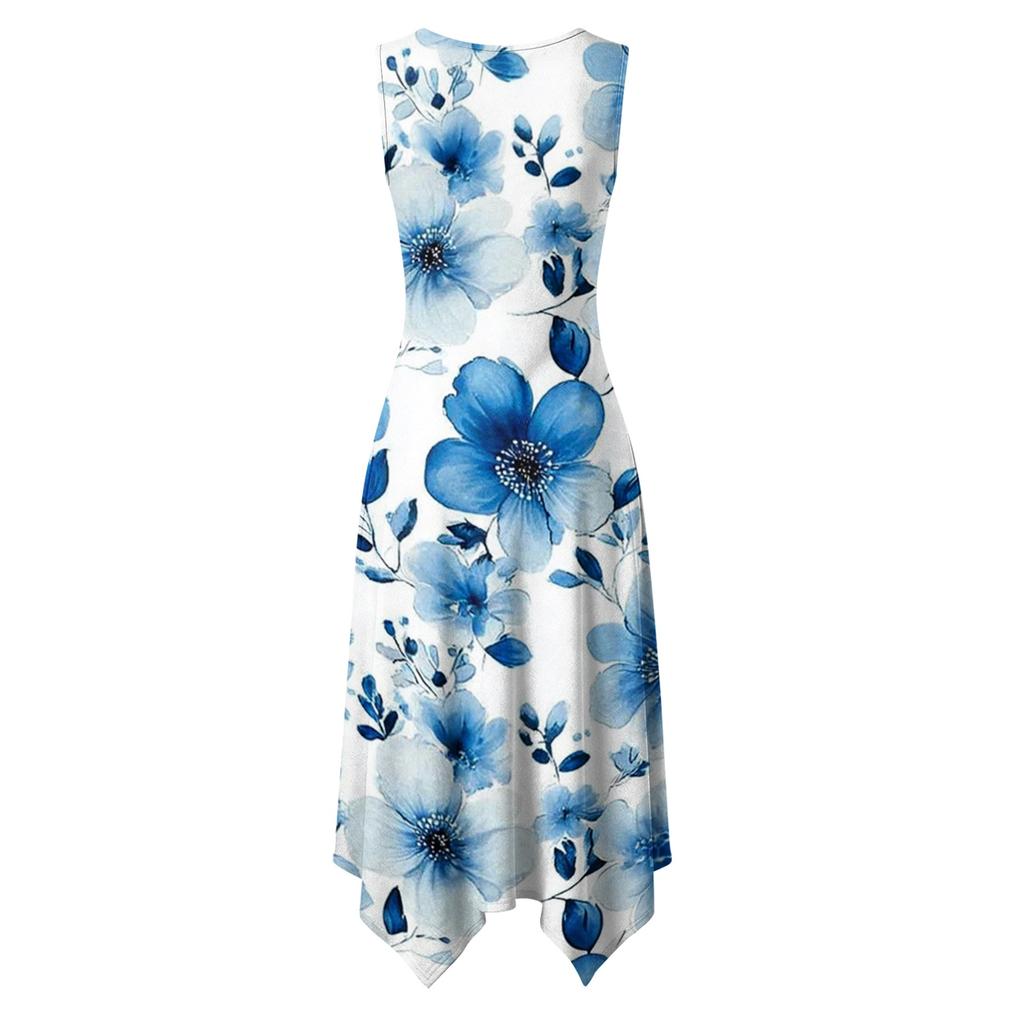 Women's Casual Sleeveless Floral Print Dress with Round Neck and Asymmetrical Hem Mid-Length Summer Dress for Daily Wear