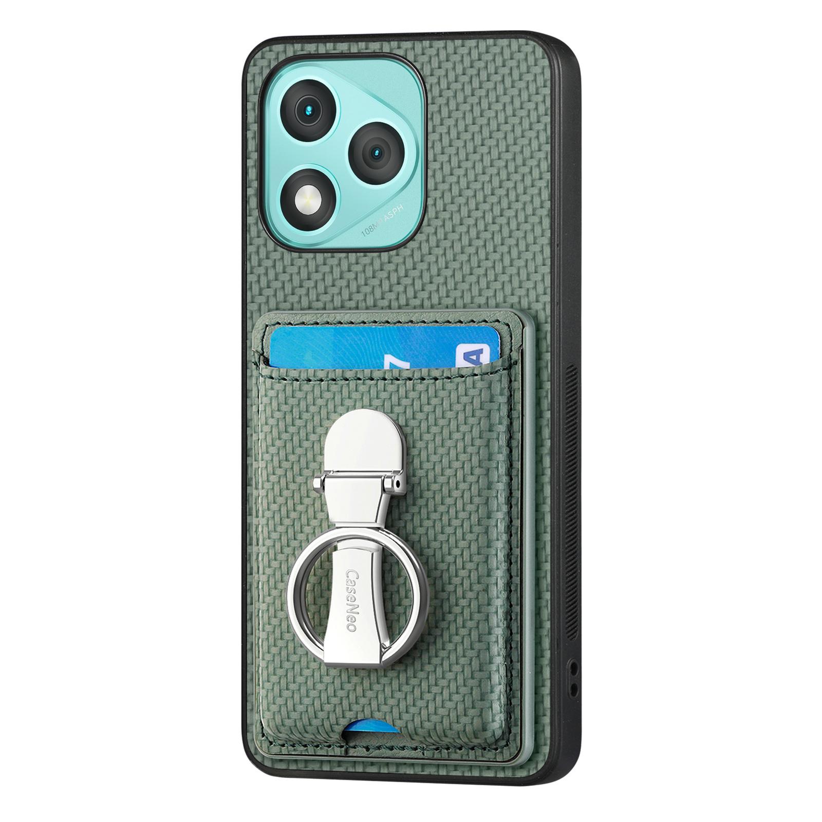 

For Honor 400 Lite 5G Leather Phone Back Cover with Kickstand and Card Slots Carbon Fiber Texture Green