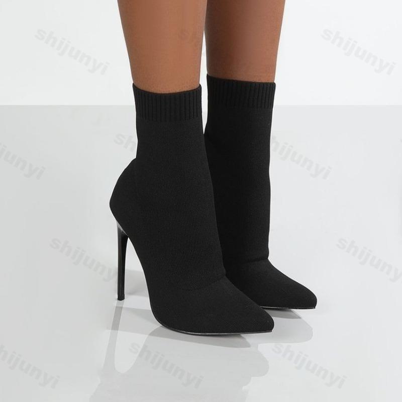 Autumn Luxury Women Socks Shoes Stretch Fabric Women Ankle Boots Pointed Toe High Heels Slip-On Sexy Sock Heeled Chelsea Boots