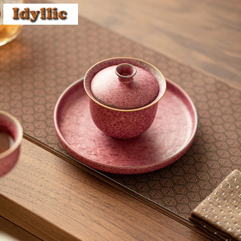 120ml Crystalline Glaze Kiln Turned Purple Flower Gaiwan Vintage Tea Tureen Tea Bowl with Lid Kit Tea Maker Cover Bowl Tableware
