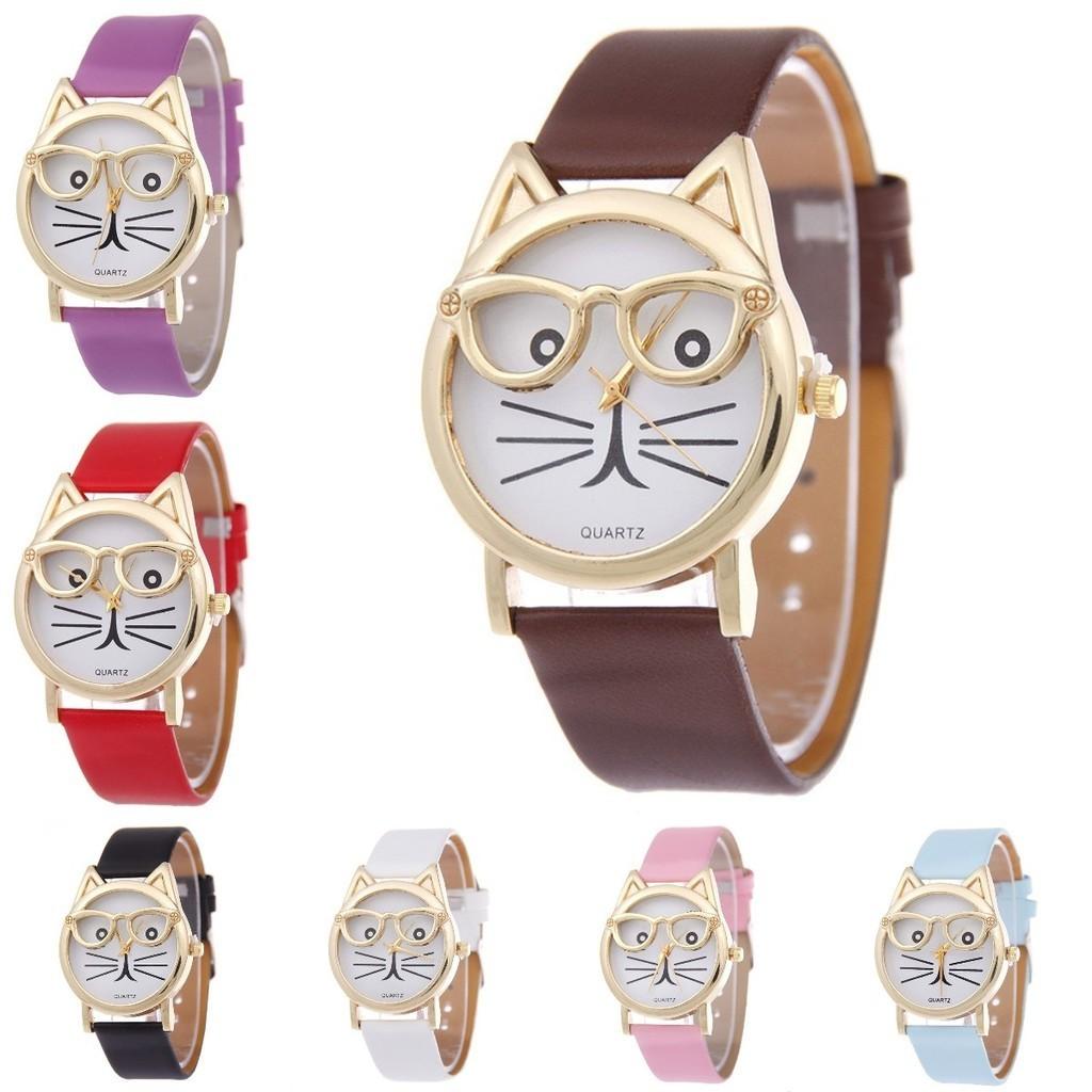 Cat Glasses Face Womens Watch Cartoon Solid Color No Word Gold Frame Daily Wear