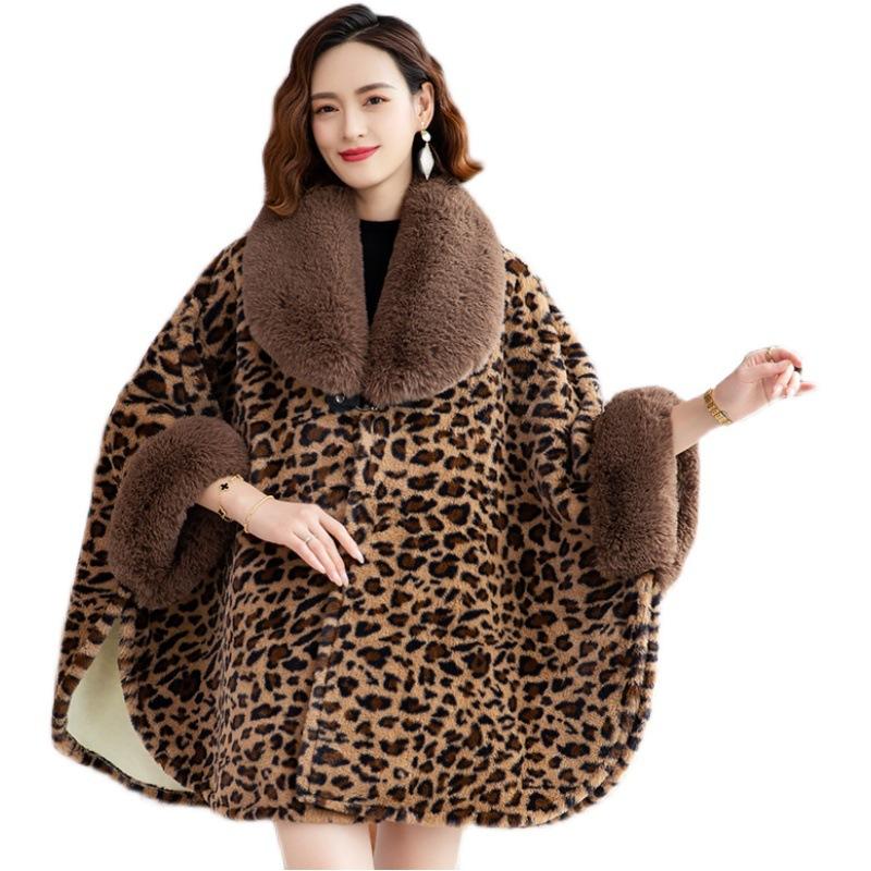 Women'S Coat Winter Velvet Thickened Thermal Cape Large Fur Collar Loose Large Size Leopard Print Cape Jacket