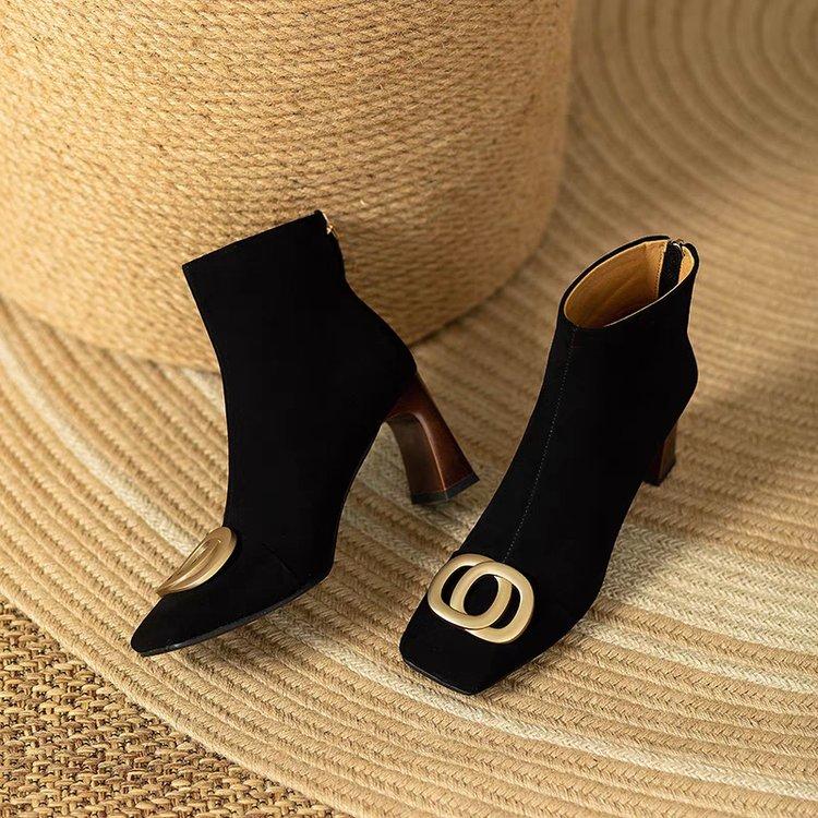 New Women's Ankle Boots Faux Dress Shoes Square Black Boots Mid-heel Zipper Elegant Winter Fashion Boots