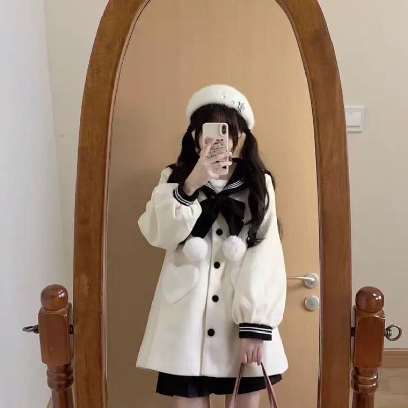 Damefrakker Kontrast Sjømannskrage Sløyfe Enkeltkneppet Hjerte Lomme Søt Aldersreduksjon Allsidig Ullkåpe Dameklær