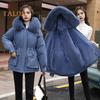 Winterjacke aus Baumwolle für Damen, pelzige Kapuze, verdickter Plüsch, lange Ärmel, elastische Taille, Taschen, Reißverschluss, Mantel, mittellang, winddicht, warm, Daunenmantel