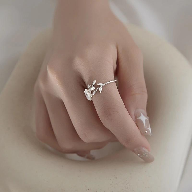 foxanry Anéis de cor prateada para mulheres, elegantes, charmosos, doces, simples, conchas, flores, folhas, joias para festa, presentes para amantes