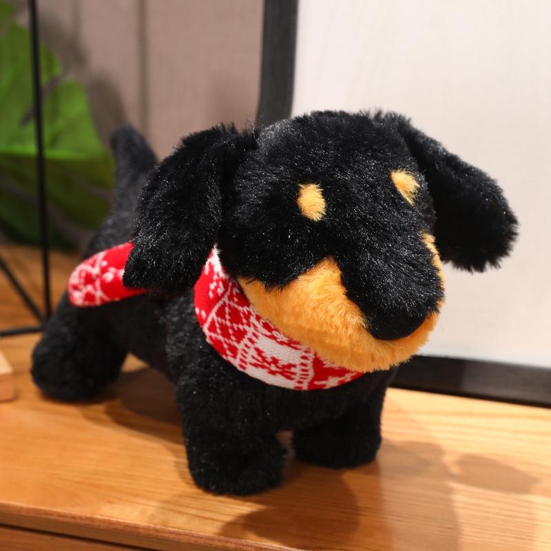 

Non-Toxic 40Cm Simulated Dachshund Puppy Dressed Red Scarf Plush Toy Brown Black Long Body Dog Standing Animal Plushie Birthday Gift