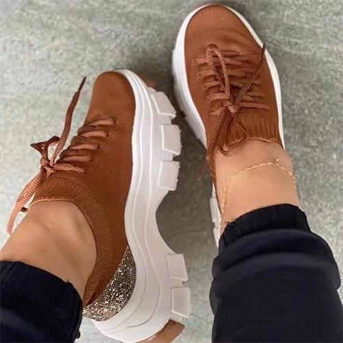 Cheap Women Bling Mesh Platform Sneakers Ladies Lace Up Casual