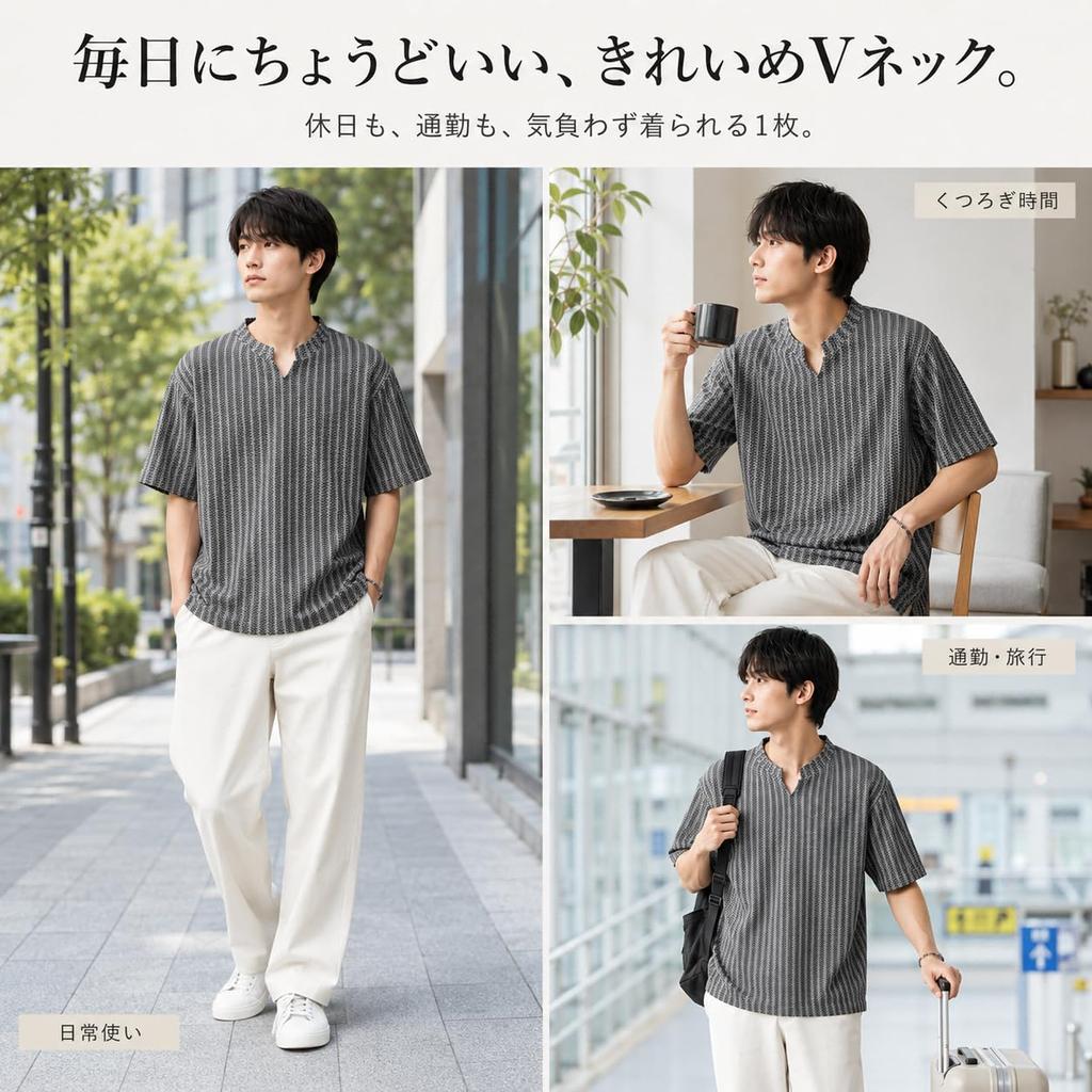 [KOTRBOY] Men's Short-Sleeve T-Shirt, Summer Clothing, Thin Stripe V-Neck Loose Fit Textured Casual Top, Spring/Summer, Breathable, Soft, Plus Sizes,