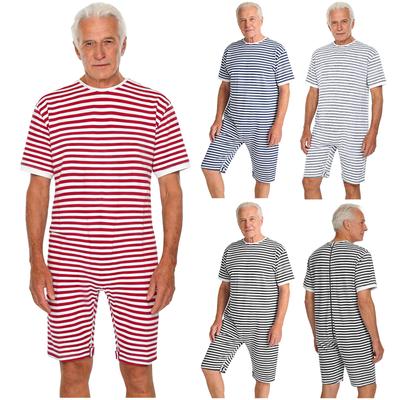 Unisex Adaptive Jumpsuit Back Zipper Crotch Zipper Short Sleeve Striped Bodysuit Elderly Special Needs Care