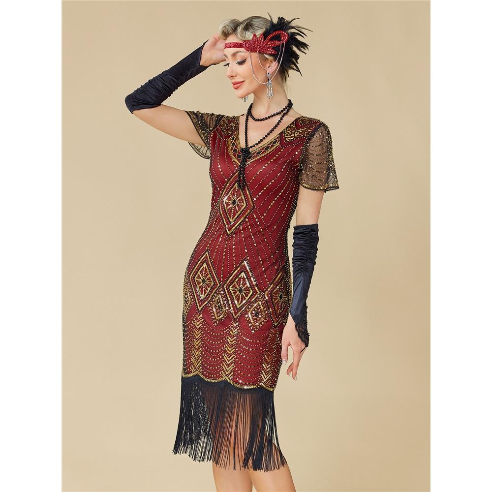 Women's 1920s Great Gatsby Flapper Dress, Sequin Beaded Short Sleeve Fringe Mesh Sexy Cocktail Party Evening Dress