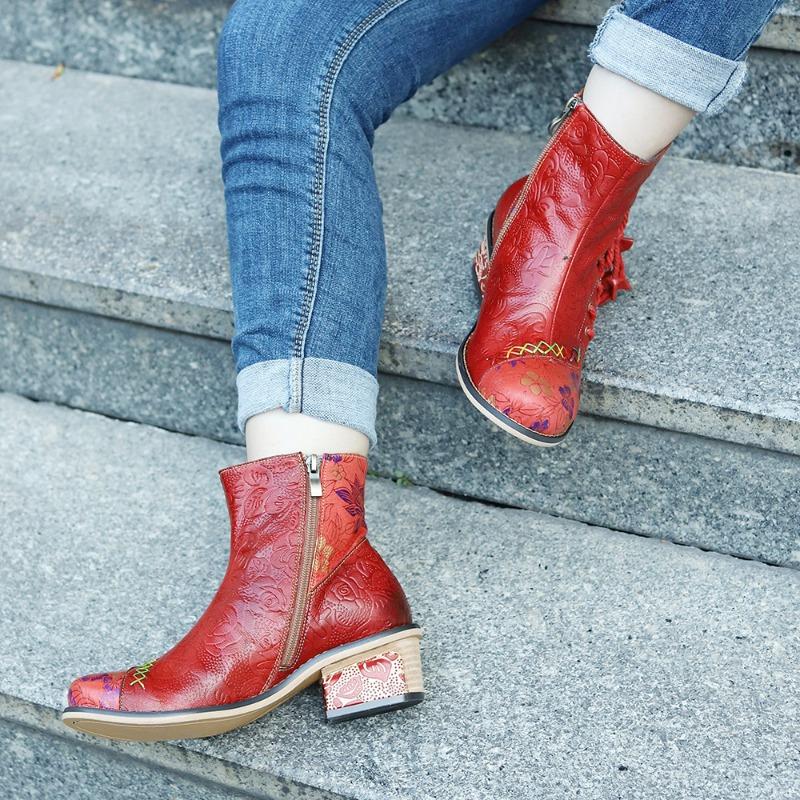 Autumn and winter new hand-rubbed genuine patchwork printed strap women's booties