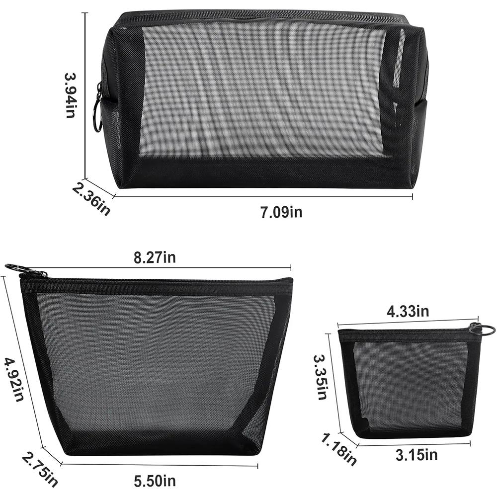 3Pcs Set Small Mesh Makeup Bag Travel Kit - Breathable Cosmetic Pouch with Zippers Portable Organizer