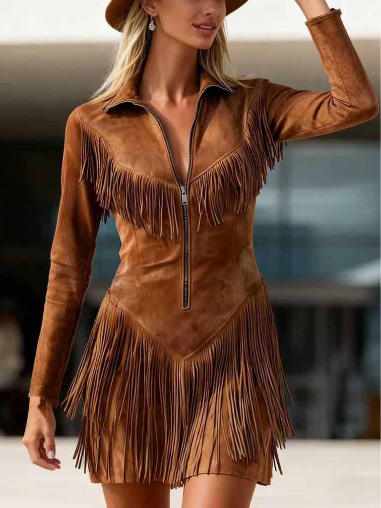 Dámské semišové šaty s třásněmi ve westernovém stylu, úzký střih - Hit roku 2025