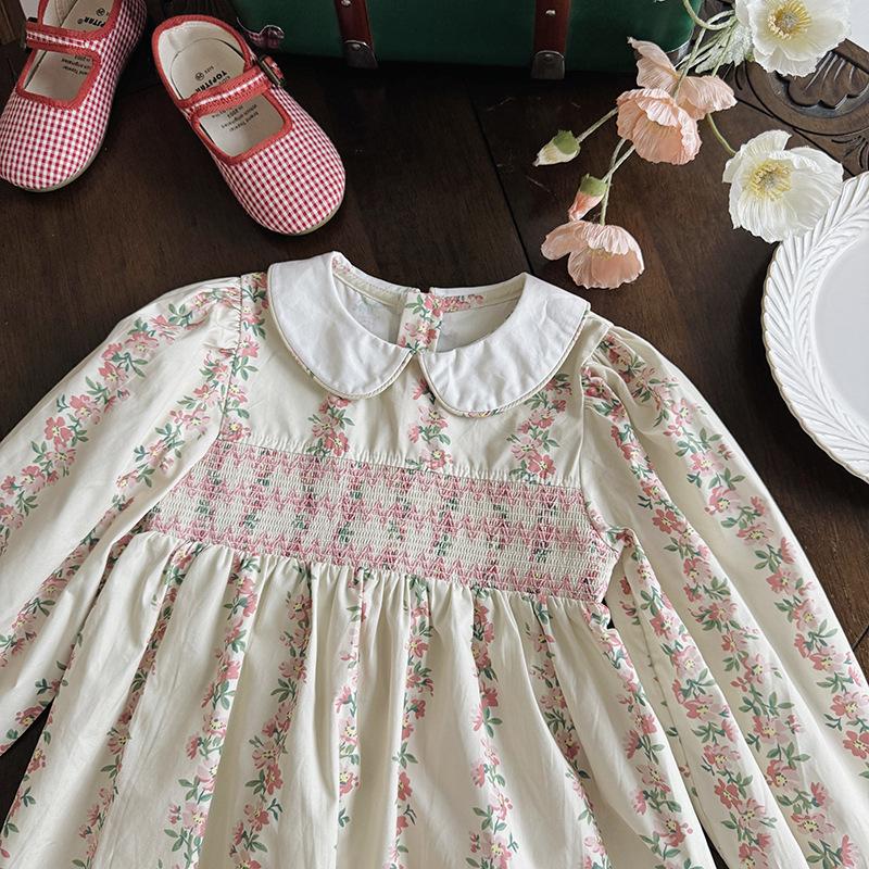 Sweet Girls Spring Dress With Smocked Bodice And Peter Pan Collar Long Sleeve Floral Print Princess Party Dress For Kids