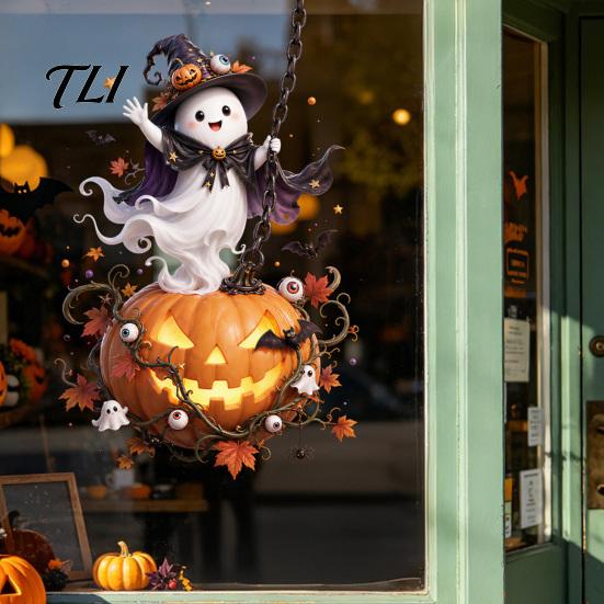 Easy Peel Stick Wall Decals Halloween Window Stickers, Cartoon Ghost Black Cat Pumpkin Static Glass Indoor Scene Setup Waterproof for Shop Home Party