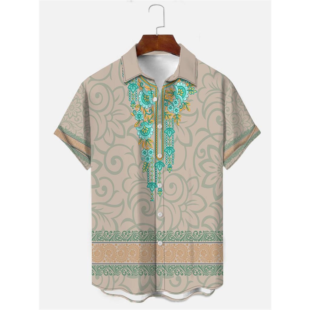 Men's Shirt Art Pattern Print Casual Shirt Short Sleeve Oversized Top Summer Vintage Flower Pattern Beach Y2k Fashion Clothing