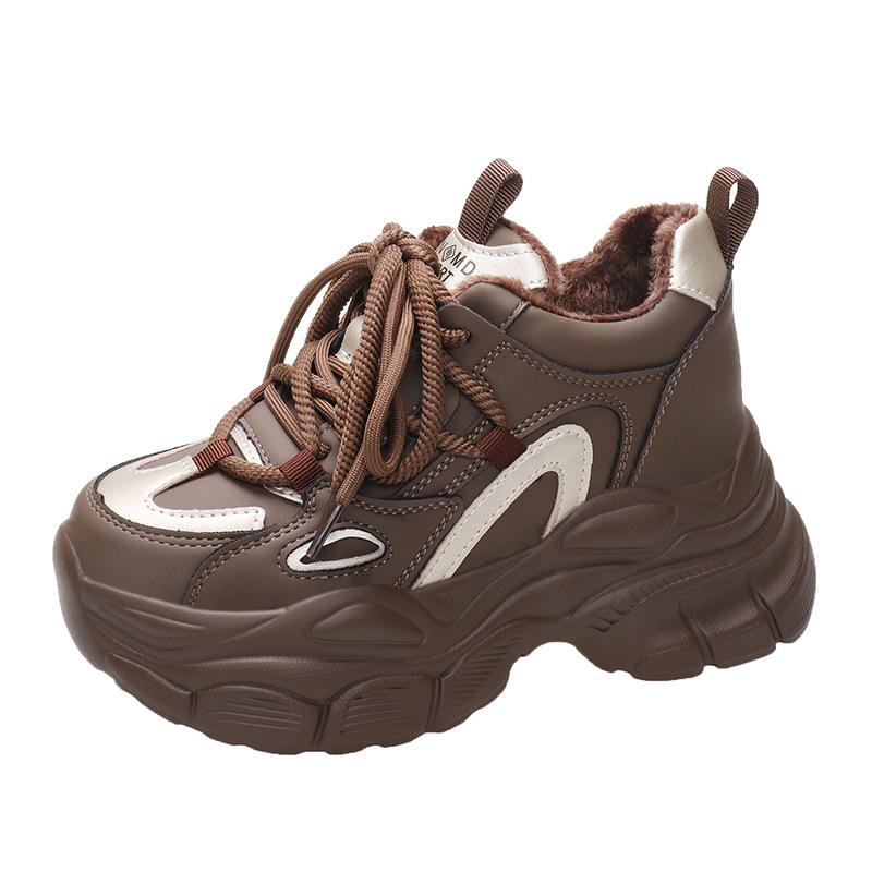 

Модные зимние теплые кроссовки на высокой платформе 8 см, меховые зимние ботинки на толстой подошве, повседневные кожаные плюшевые туфли, новые массивные спортивные кроссовки 39 коричневый