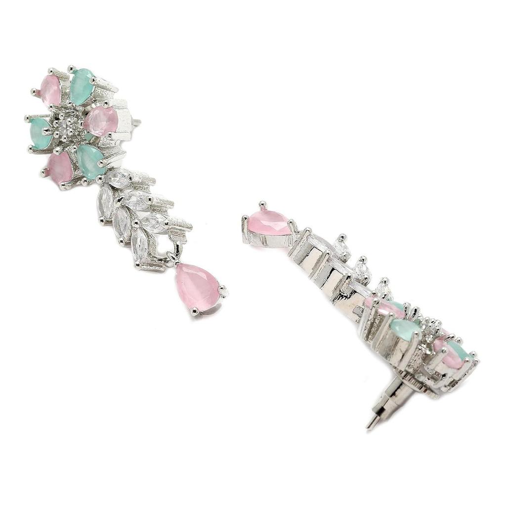 Rhodium-Plated Silver Toned Star Shaped American Diamond Studded Necklace Earrings Jewellery Set for Girls and Women