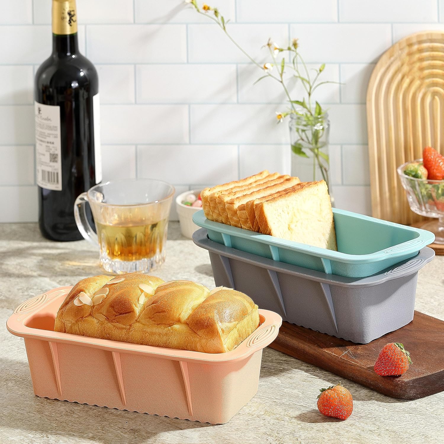 3PCS Silicone Bread Loaf Pan, Non-Stick Bread Pans for Baking, Easy Release Loaf Pan, Great for Homemade Bread, Cakes, Brownies, Dishwasher Safe (3