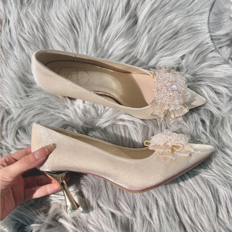 

2025 New Wedding Satin Champagne Color Diamond Arp Head Thin Heel High Heels Women Comfortable Not Tired Feet 34