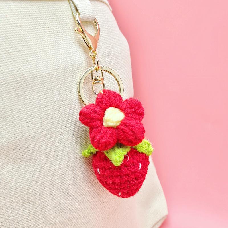 Hand-Knitted Strawberry & Cream Puff Flower Keychain Backpack Charm