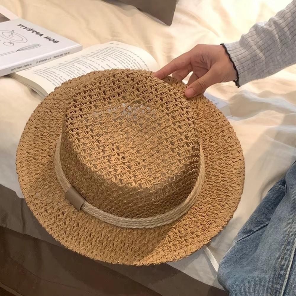 Casual Flat Top Hollow Out Hat Wide Brim Breathable Sun Hat Straw Woven Panama Cap Beach Outings
