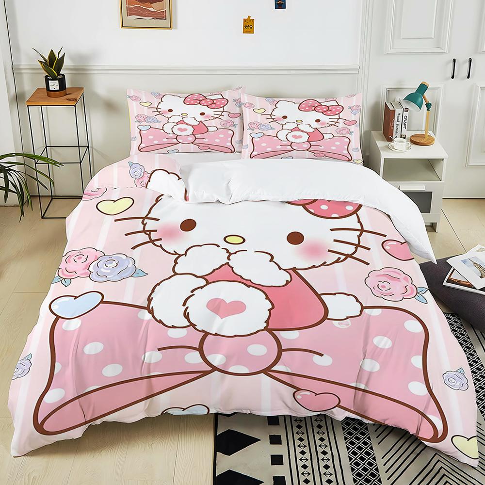 Cute Sanrio Friends Print Bedding Sets Hello Kitty Melody Cinnamoroll Bed Cover Duvet Cover Pillow Case 2-3 Pieces Sets