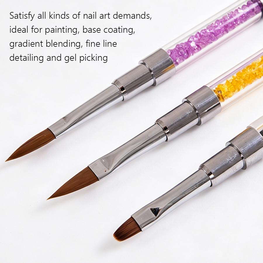 Double Ended Nail Art Brushes Rhinestone Handle, Flat Head Gel & Carving Sculpting Pen for Nail Extension Manicure