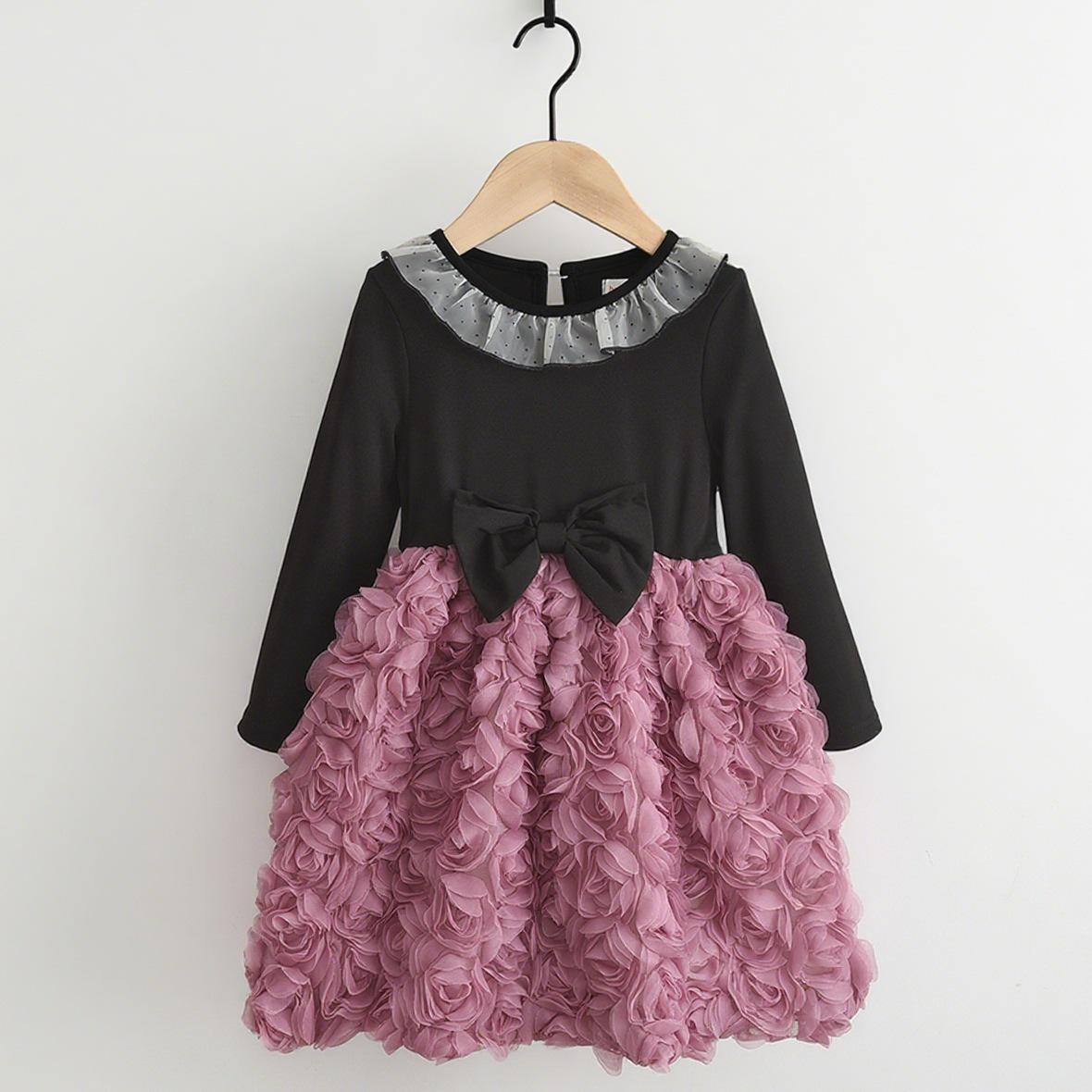 

2025 Осеннее платье принцессы для девочек с лоскутной розой и бантом 7Y/140 розы красного