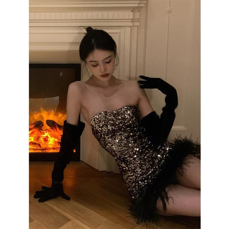 New sexy hottie tube top dress dress socialite heavy industry sequined feathers pure hip wrap dress S чёрный