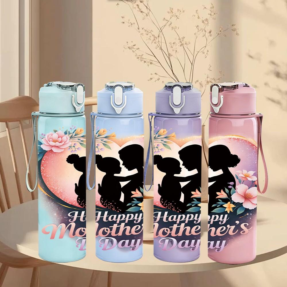 1PC Mickey Mom Happy Mothers Day Print 750ml Color Plastic Sports Water Bottle Leakproof Flip Straw Lid Suitable for Sports Office Home Use