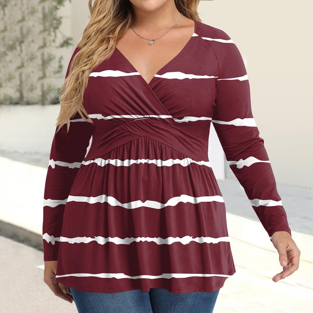 Women's Plus Size Shirt Long Sleeve  Print Top Pleated Casual V-Neck Top