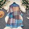 Contrast Color Printed Pleated Shirt Dress Women's Lapel Single Breasted 3/4 Sleeve Cardigan Dresss High-quality