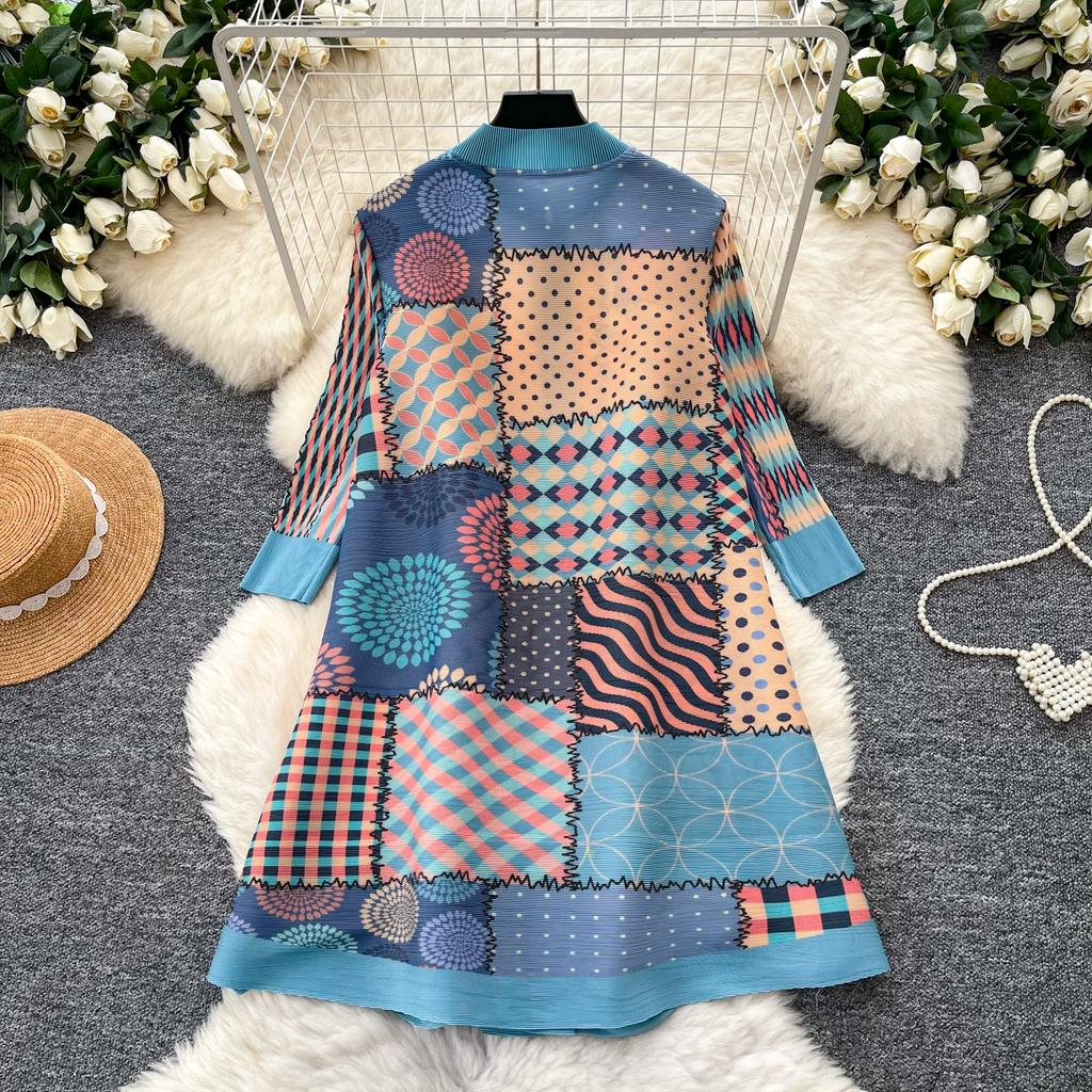 Contrast Color Printed Pleated Shirt Dress Women's Lapel Single Breasted 3/4 Sleeve Cardigan Dresss High-quality