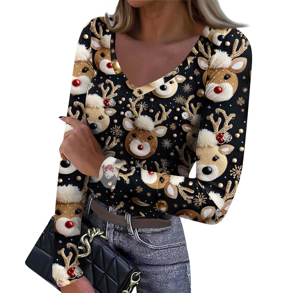 Dámské zimní přiléhavé základní tričko Módní vánoční potisk Výstřih do V Pulovr Top s dlouhým rukávem