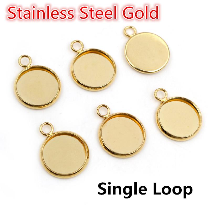 New 20pcs 12mm Inner Size Stainless Steel Gold Plated Single/Double Loop Style Cabochon Base Cameo Setting Charms Pendant Tray