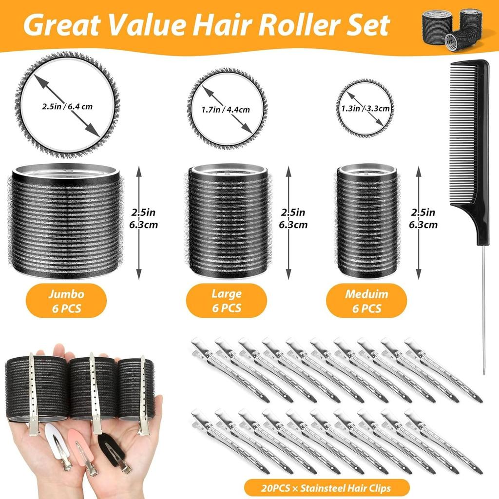 39PCS Self Grip Hair Rollers Curlers 3 Sizes Black Hair Roller 2.5in, 1.9in, 1.4in, Jumbo Hair Roller with 12PCS Duckbill Clips Hair Rollers for Long