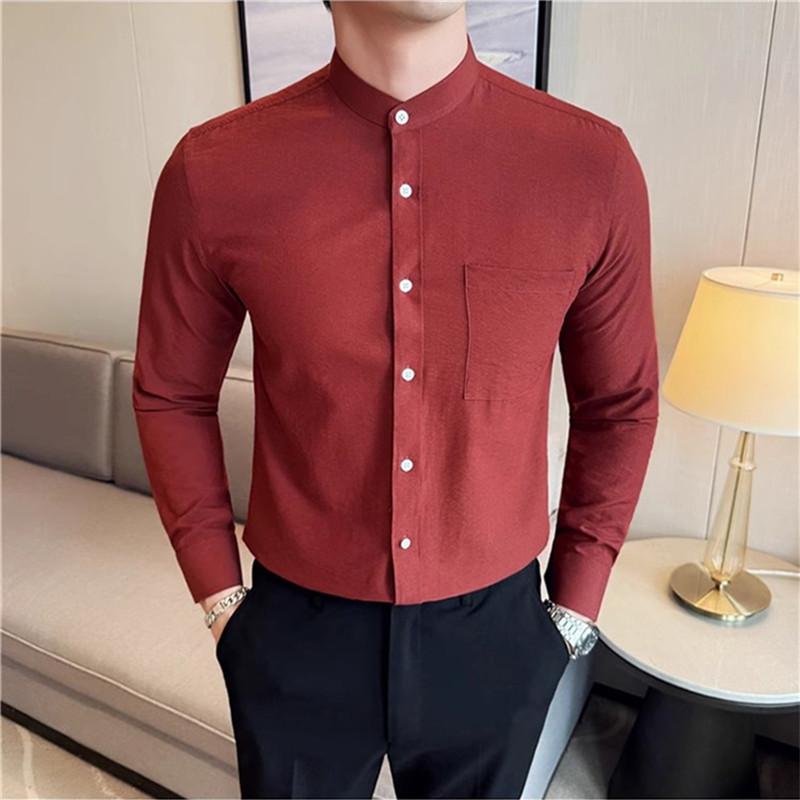 Stand Collar Men's Shirt High High Quality Long Sleeve Casual Business Dress Shirt Slim Fit Streetwear Men Clothing
