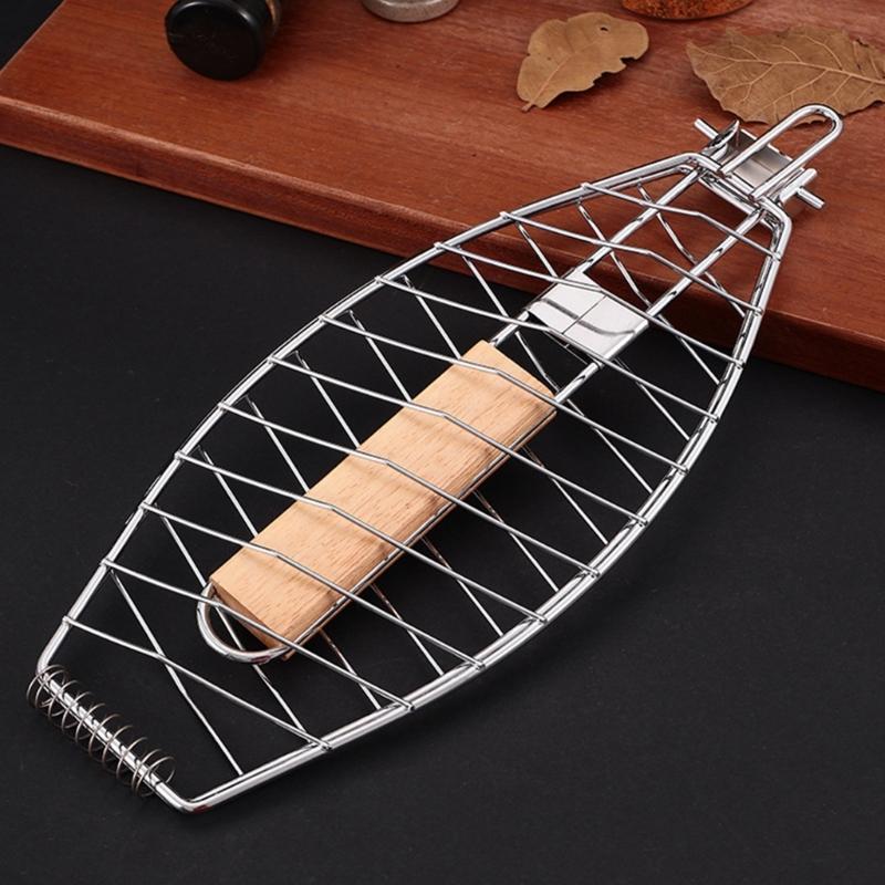 Pinza BBQ Pieghevole in Acciaio Manico in Legno Antiscivolo Meccanismo di Blocco Sicuro Cestello da Griglia Ideale per Verdure Pesce Arrosto