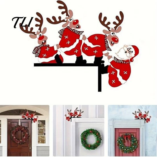 Elk Christmas Home Decor Door Frame Corner Decor, Wooden Santa Reindeer Topper Holiday Sign Ornament, Creative Table EdgeDecoration for Shop