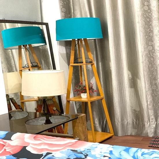 Wooden Standard Size Tripod Floor Lamp with Shelves, Light Bulb and Jute Holder Italian Crafter