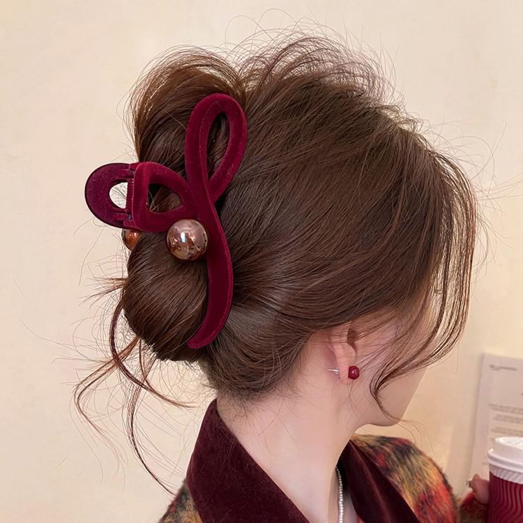 2024 High-End Red Velvet Beaded Shark Hair Clip for Women - Large Size