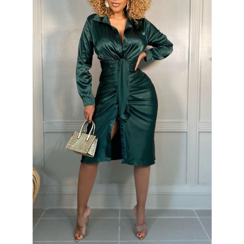 BITCED Women's Fashion Autumn Winter Solid Color Print Long Sleeve POLO Neck Casual Dresses