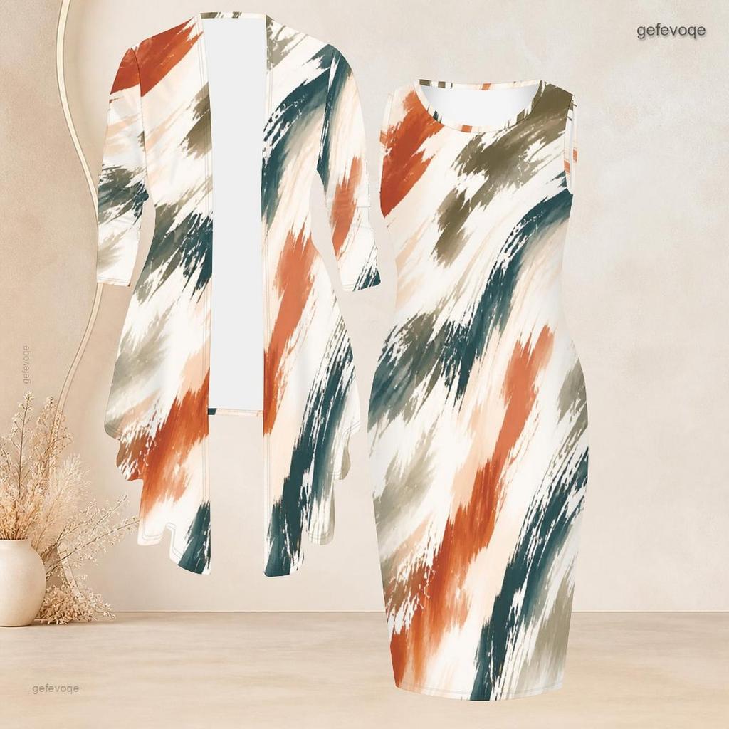 Women Plus Size Two Piece Set Blue Printed Long Sleeve Draped Cardigan Sleeveless Bodycon Dress