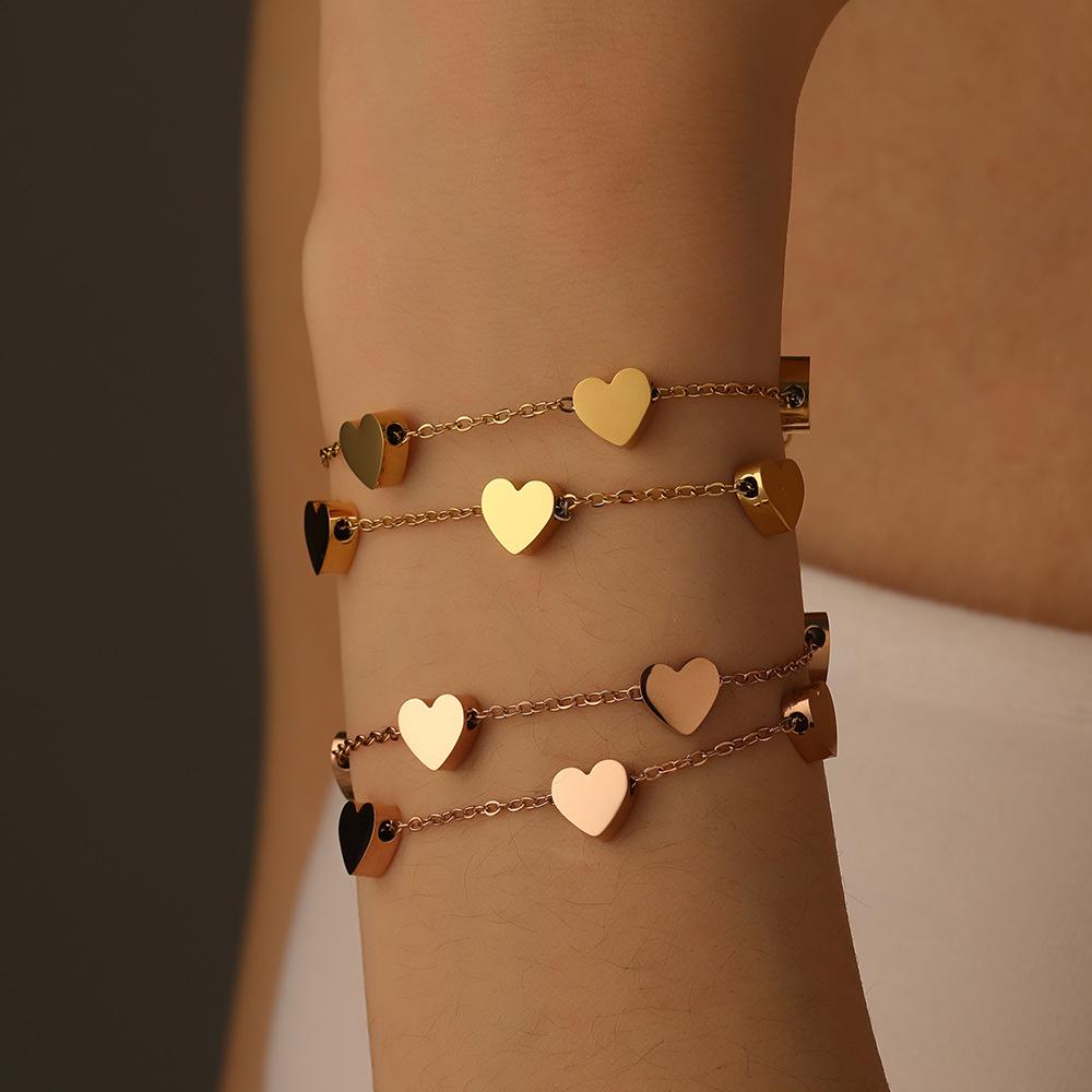 Double Layer Heart Pendant Bracelet - 18K Gold Stainless Steel, Colorfast, 7 Hearts Design for Women