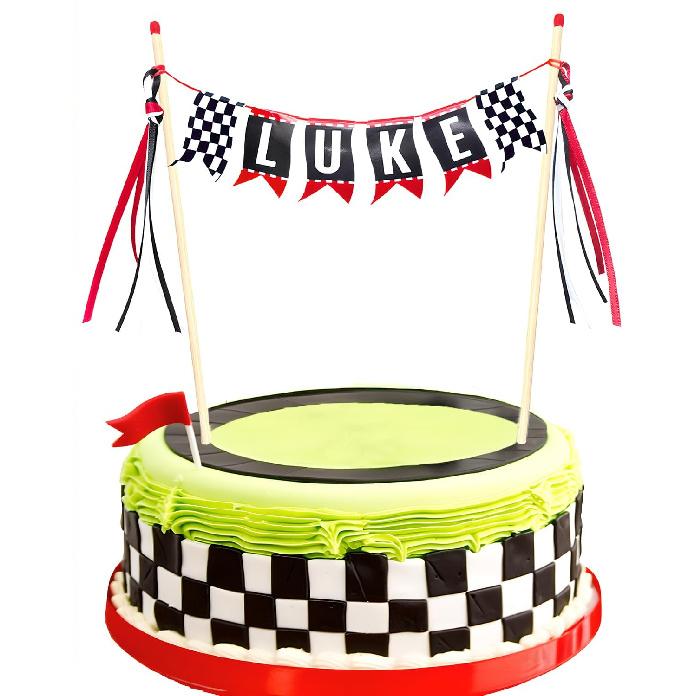 Race Car Cake Topper,  Name Race Car Birthday Cake Decorations, Race Car Party Decorations Checkered Flag Cake Banner